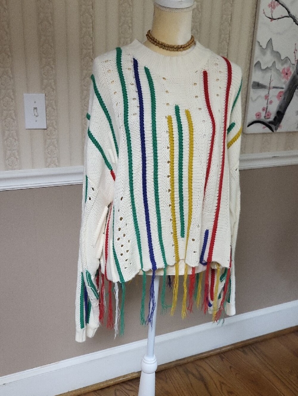 DAVI & DANI Cream Fringe Crewneck Sweater with Multicolor Stripes, Large - Picture 12 of 12